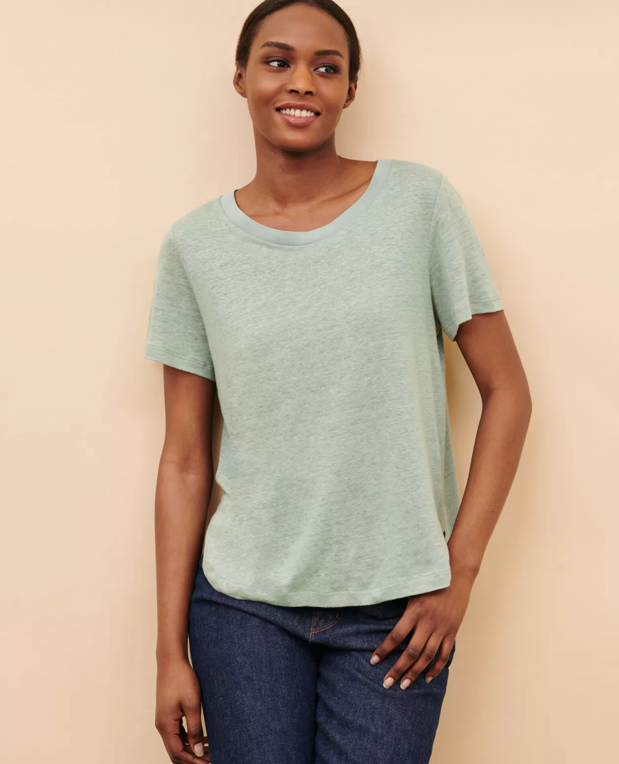 Outlet Comptoir des Cotonniers Amandine - Linen Round Neck T-Shirt 50 Green