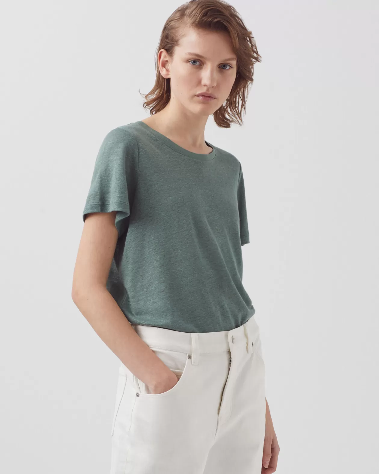 Sale Comptoir des Cotonniers Amandine - Linen Round Neck T-Shirt 0381 Dark Forest