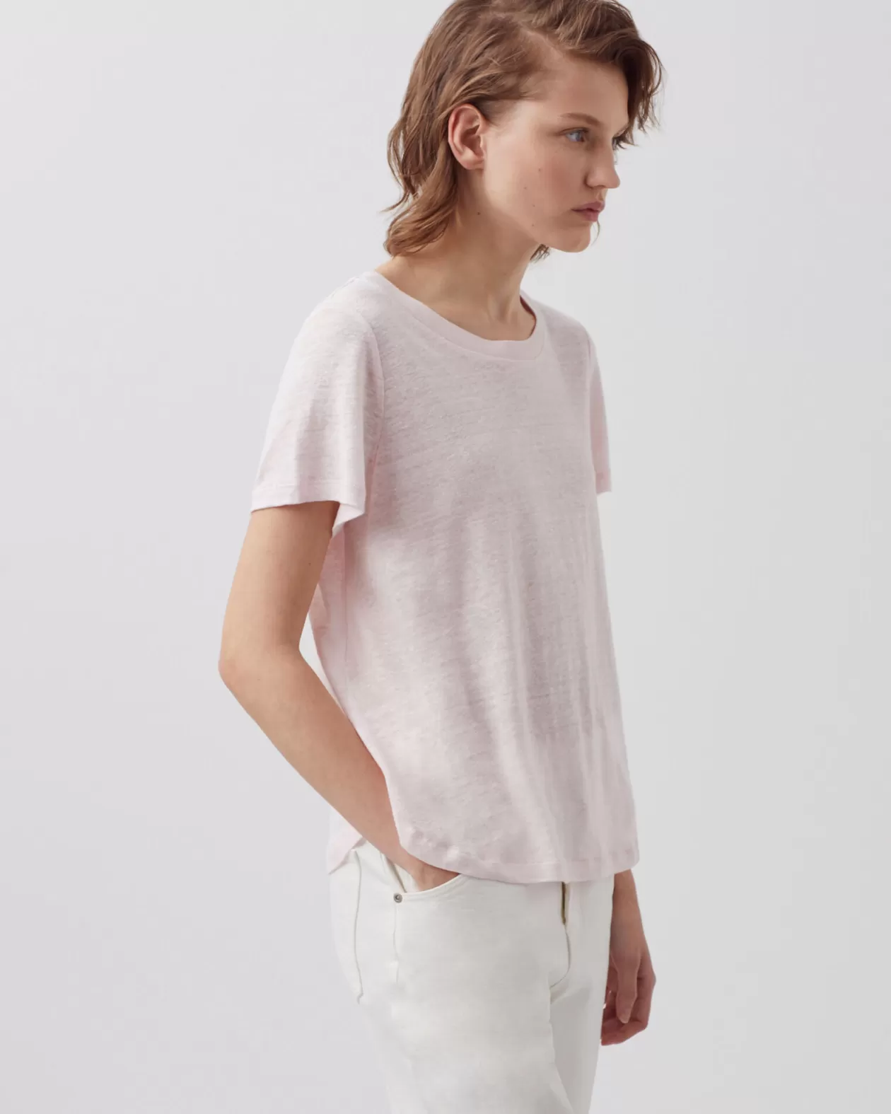 Clearance Comptoir des Cotonniers Amandine - Linen Round Neck T-Shirt 0100 Pink Marshmallow