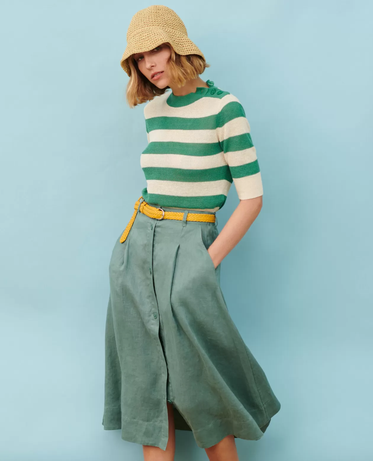 Clearance Comptoir des Cotonniers Linen Midi Skirt 0381 Dark Forest
