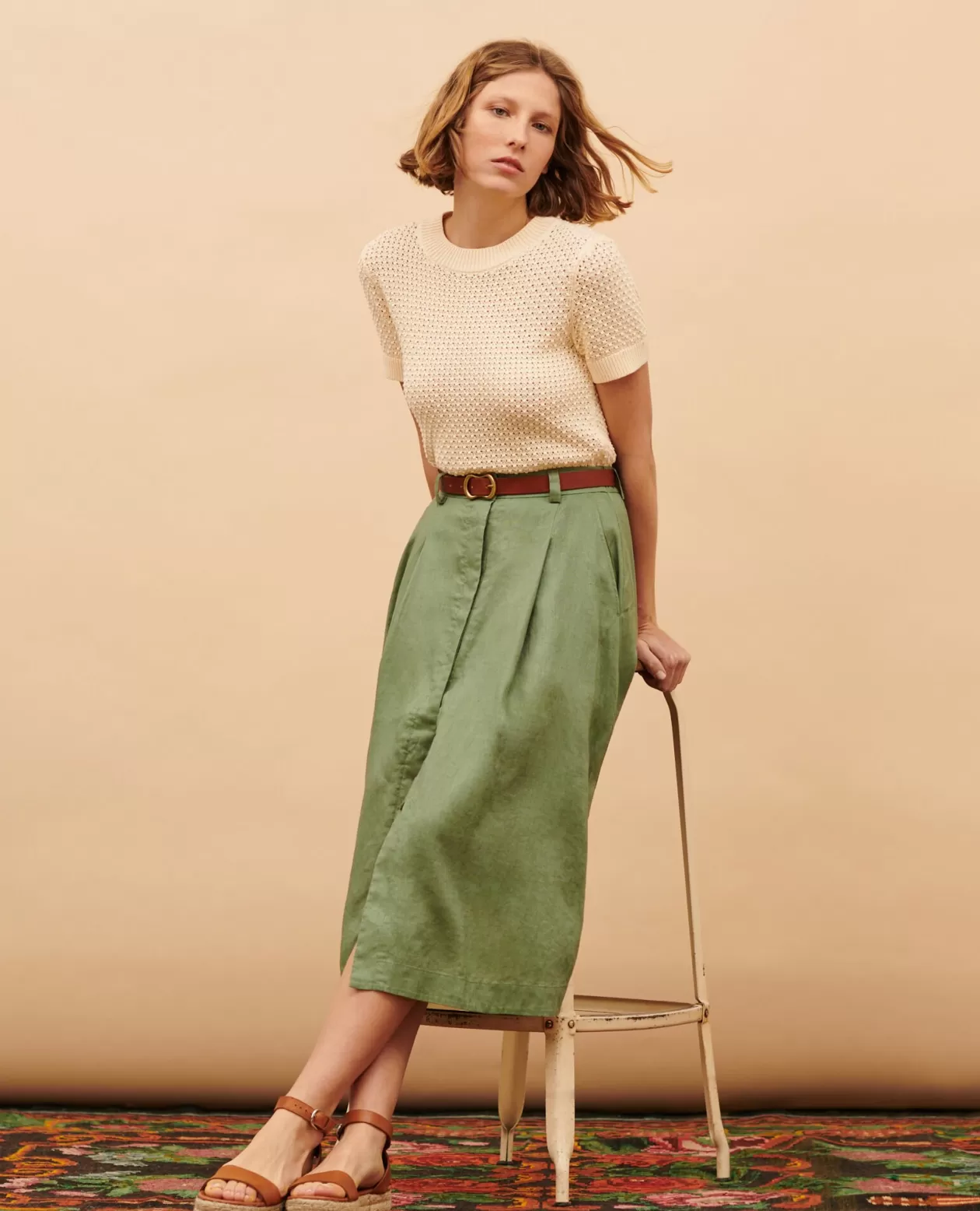 Best Sale Comptoir des Cotonniers Linen Midi Skirt 52 Green