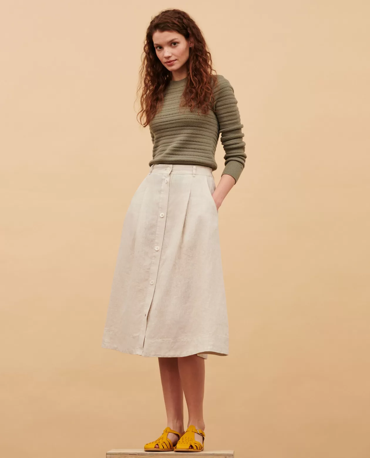 Best Comptoir des Cotonniers Linen Midi Skirt 0305 Natural