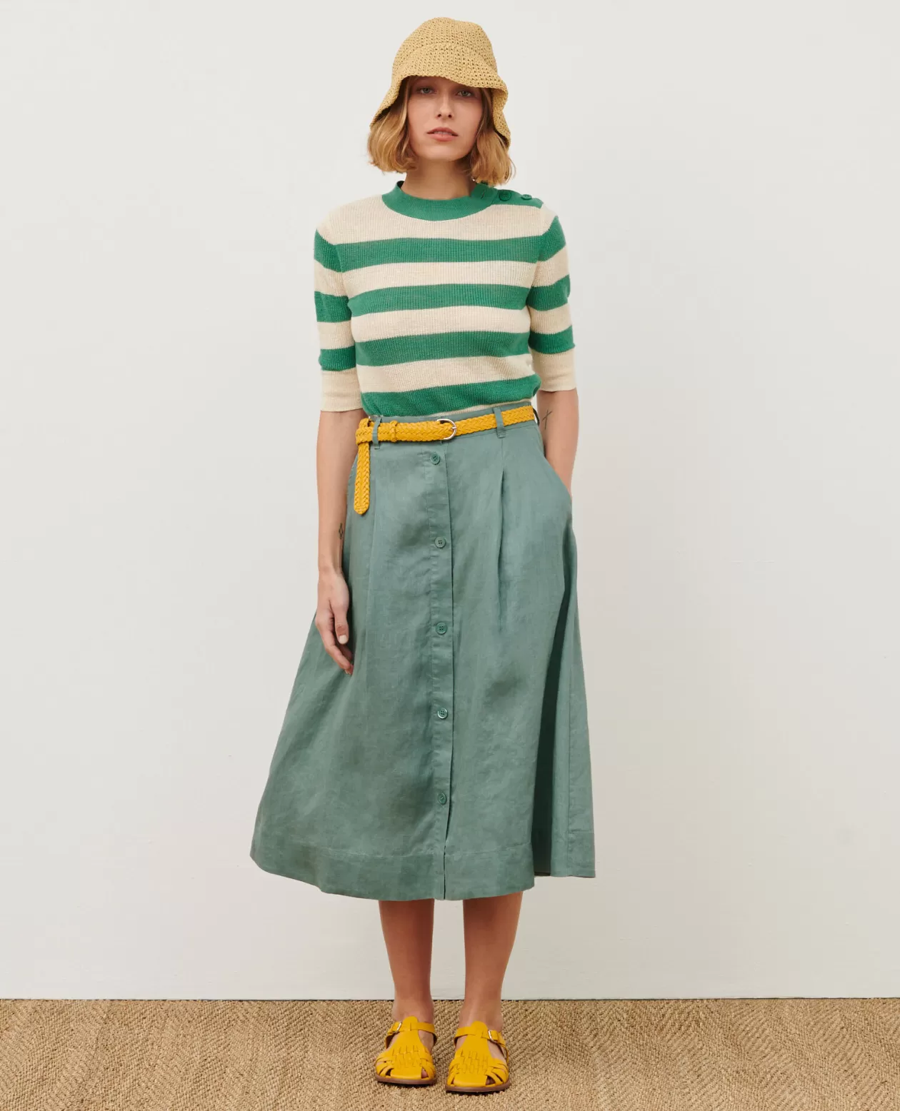 Clearance Comptoir des Cotonniers Linen Midi Skirt 0381 Dark Forest