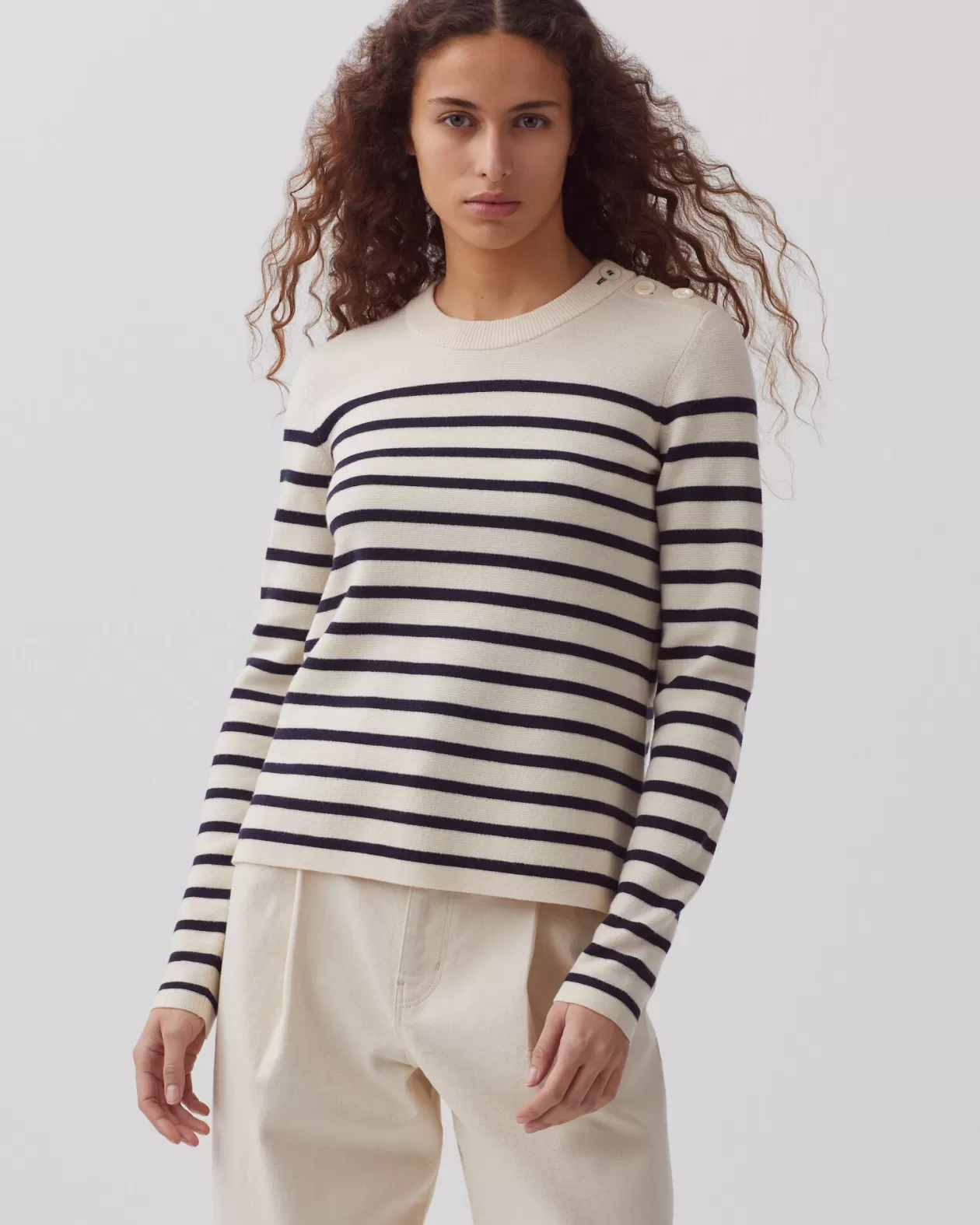 Sale Comptoir des Cotonniers Maddy - Striped Merino Wool Jumper 8842 01 Offwhite