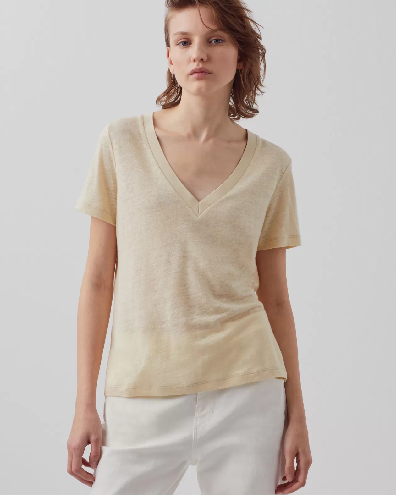 Hot Comptoir des Cotonniers Sarah - Linen V-Neck T-Shirt 0300 Castle Wall