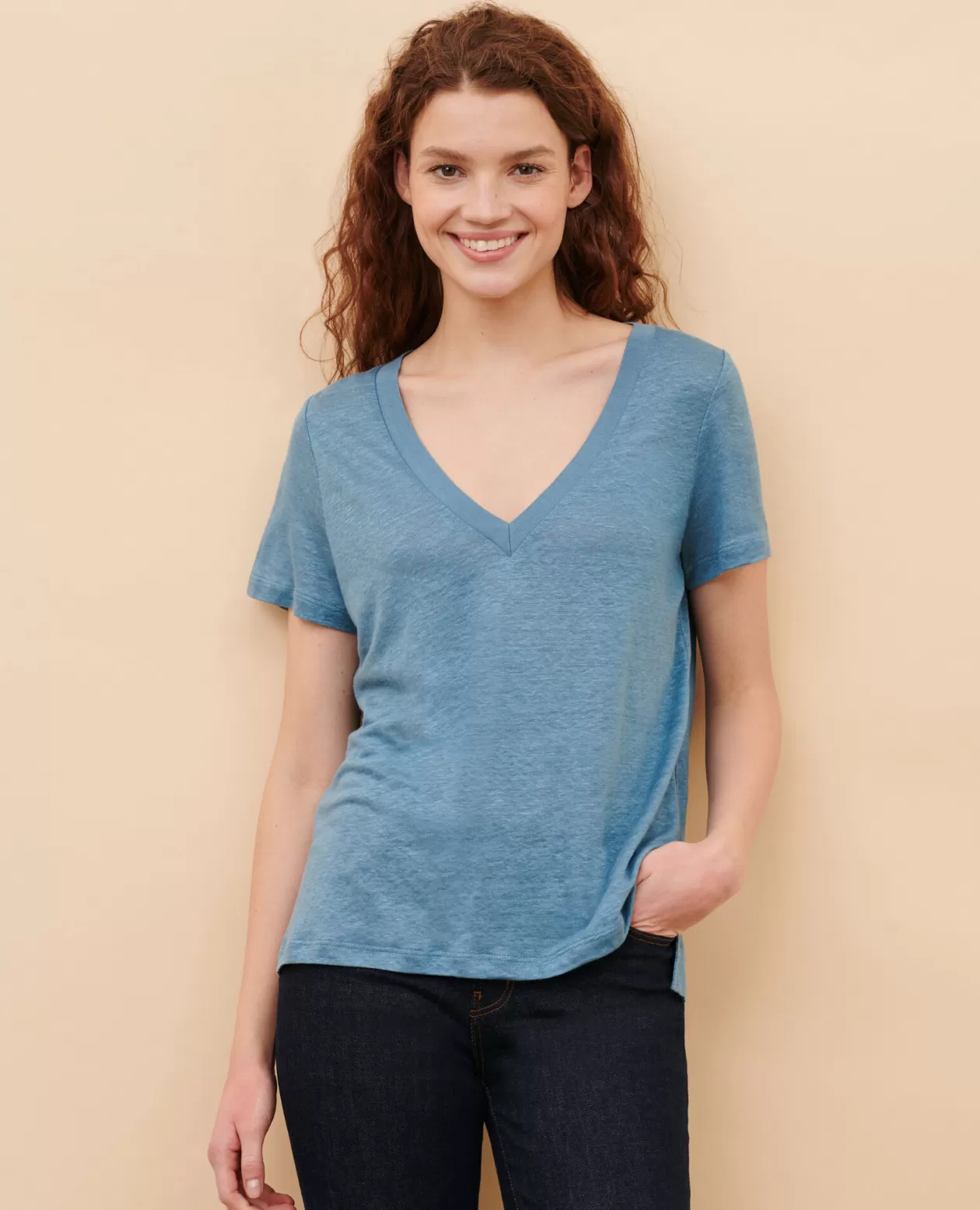 New Comptoir des Cotonniers Sarah - Linen V-Neck T-Shirt 8820 63 Blue