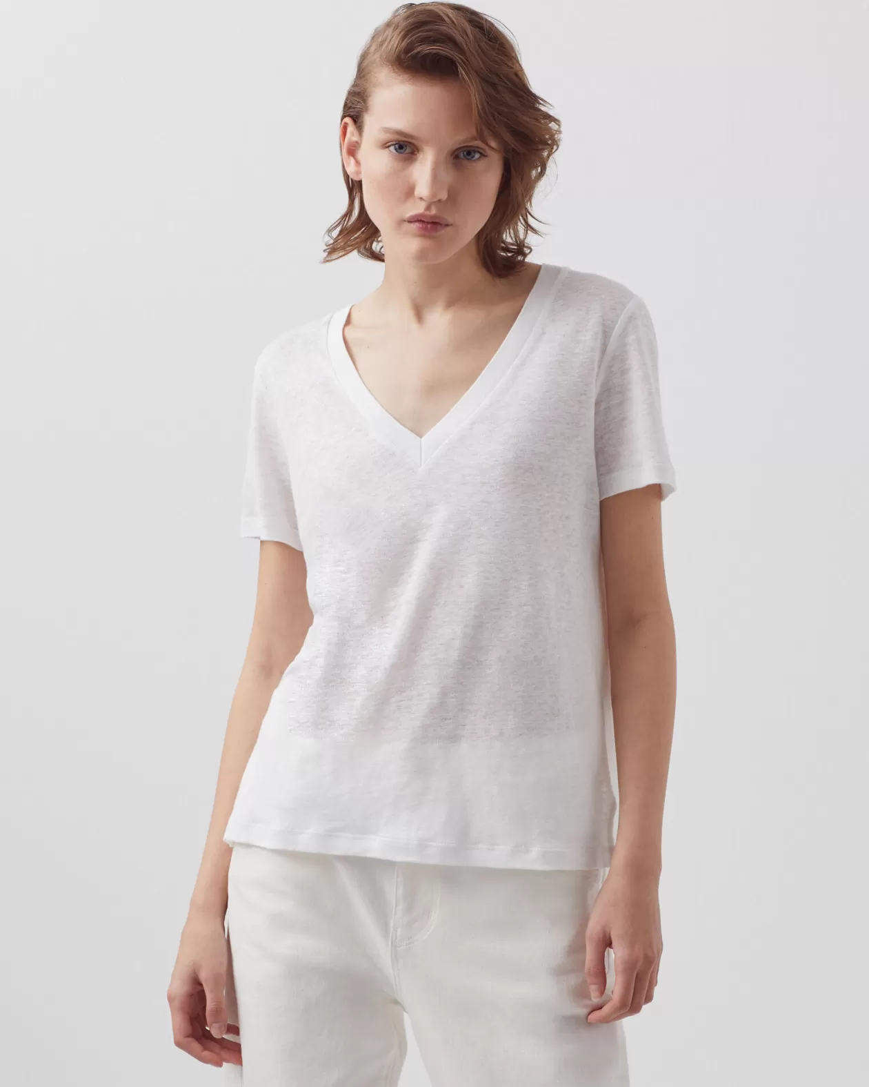 Flash Sale Comptoir des Cotonniers Sarah - Linen V-Neck T-Shirt 4235 Optical White