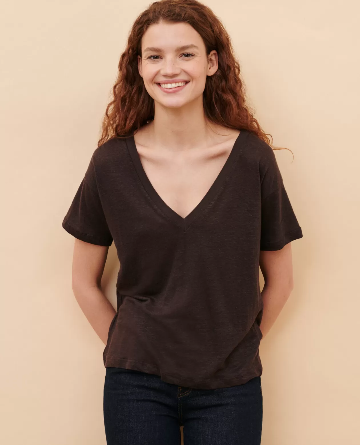 Hot Comptoir des Cotonniers Sarah - Linen V-Neck T-Shirt Mole