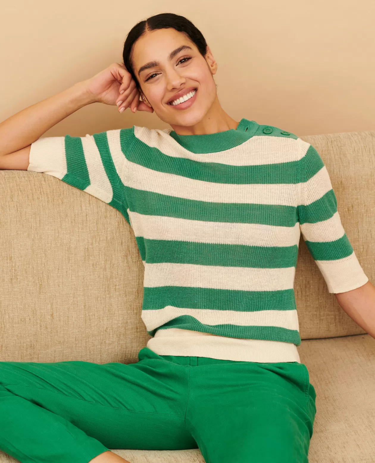 New Comptoir des Cotonniers Short-Sleeve Linen Jumper 0551 Pine Green Stripes