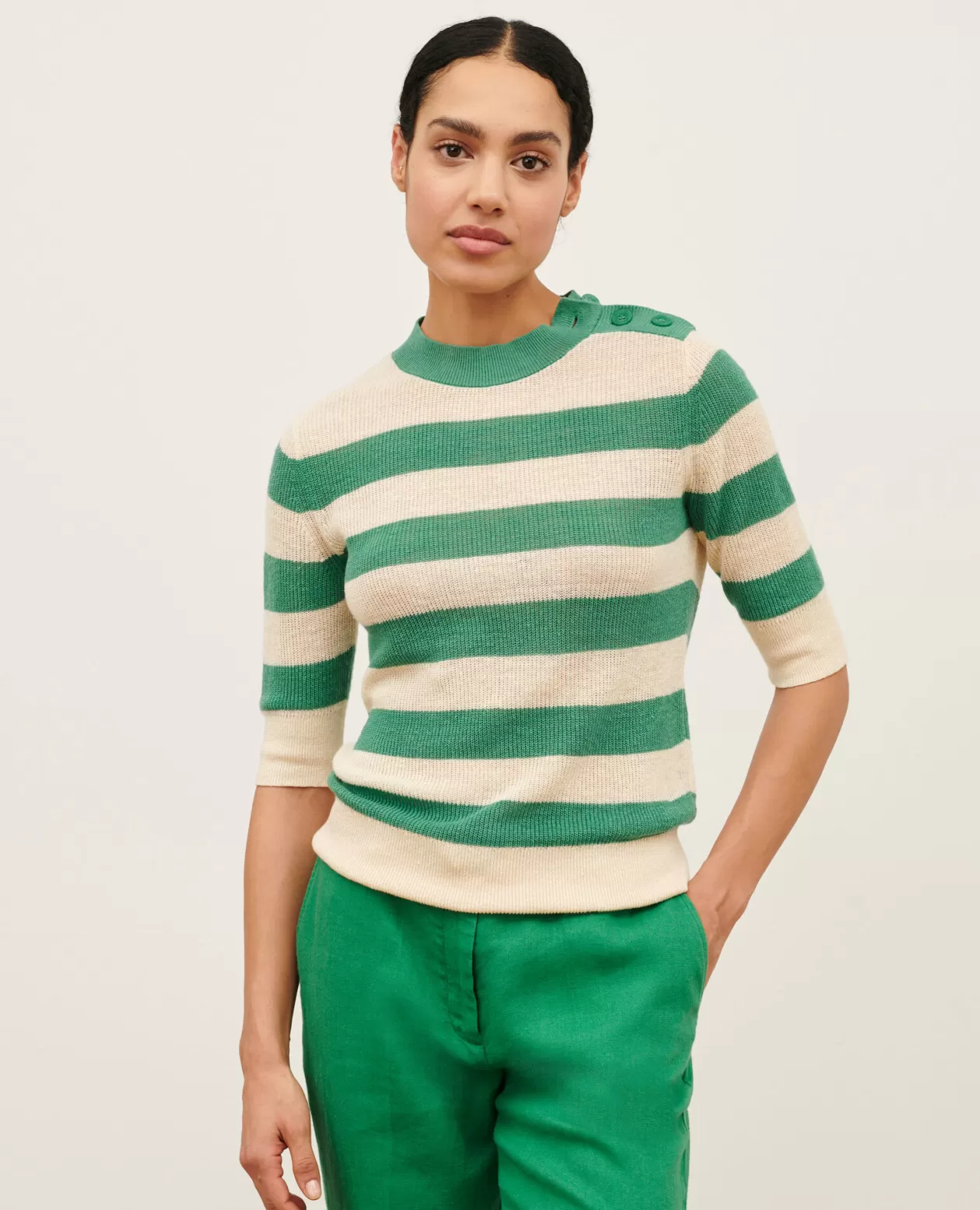 New Comptoir des Cotonniers Short-Sleeve Linen Jumper 0551 Pine Green Stripes