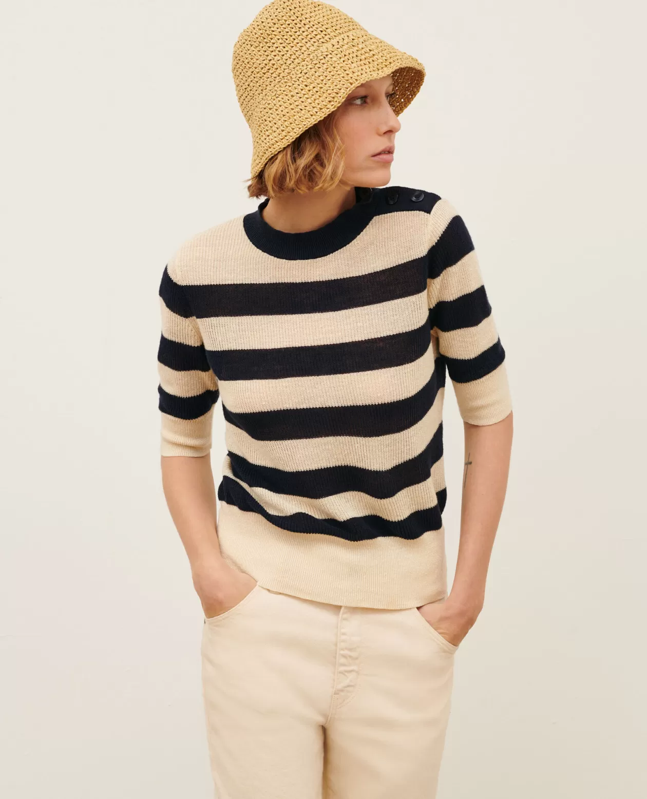 Cheap Comptoir des Cotonniers Short-Sleeve Linen Jumper 0692 Night_Sky_Stripes