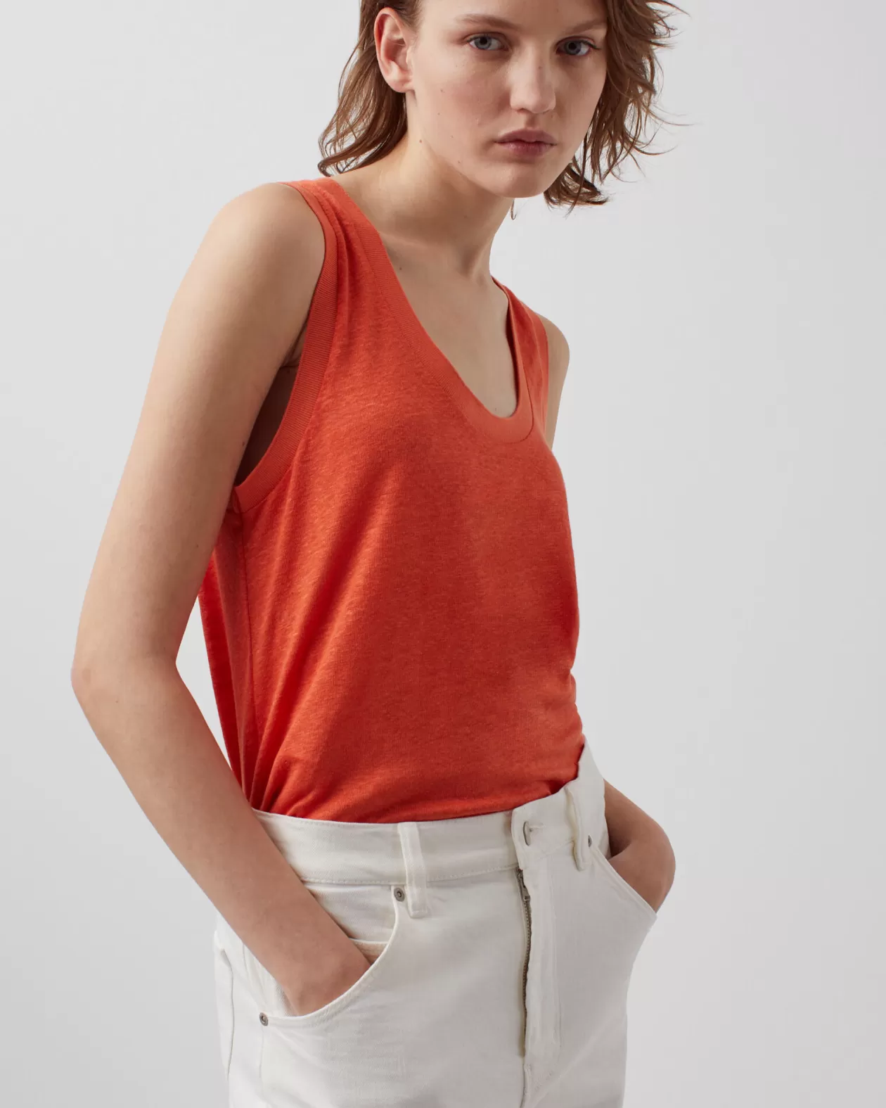 New Comptoir des Cotonniers Sleeveless Linen T-Shirt 0250 Tiger Lily Orange