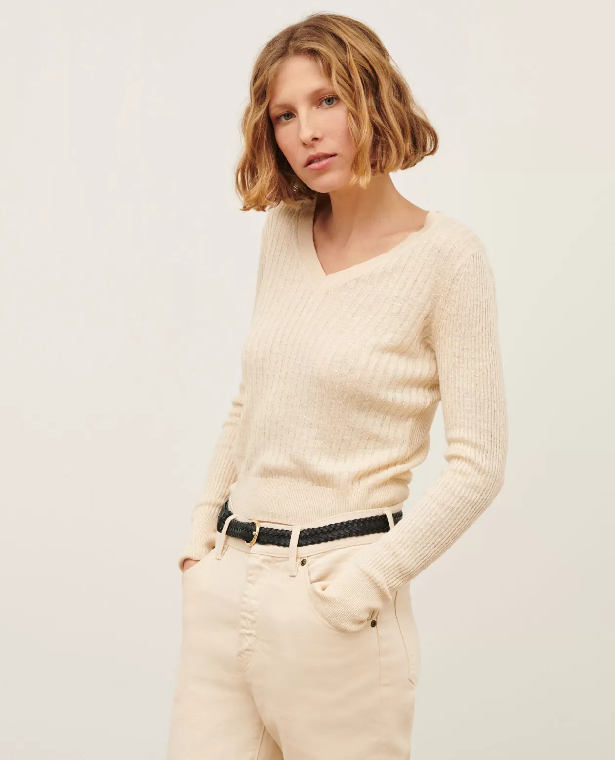 Outlet Comptoir des Cotonniers Textured Linen Jumper 0010 Buttercream
